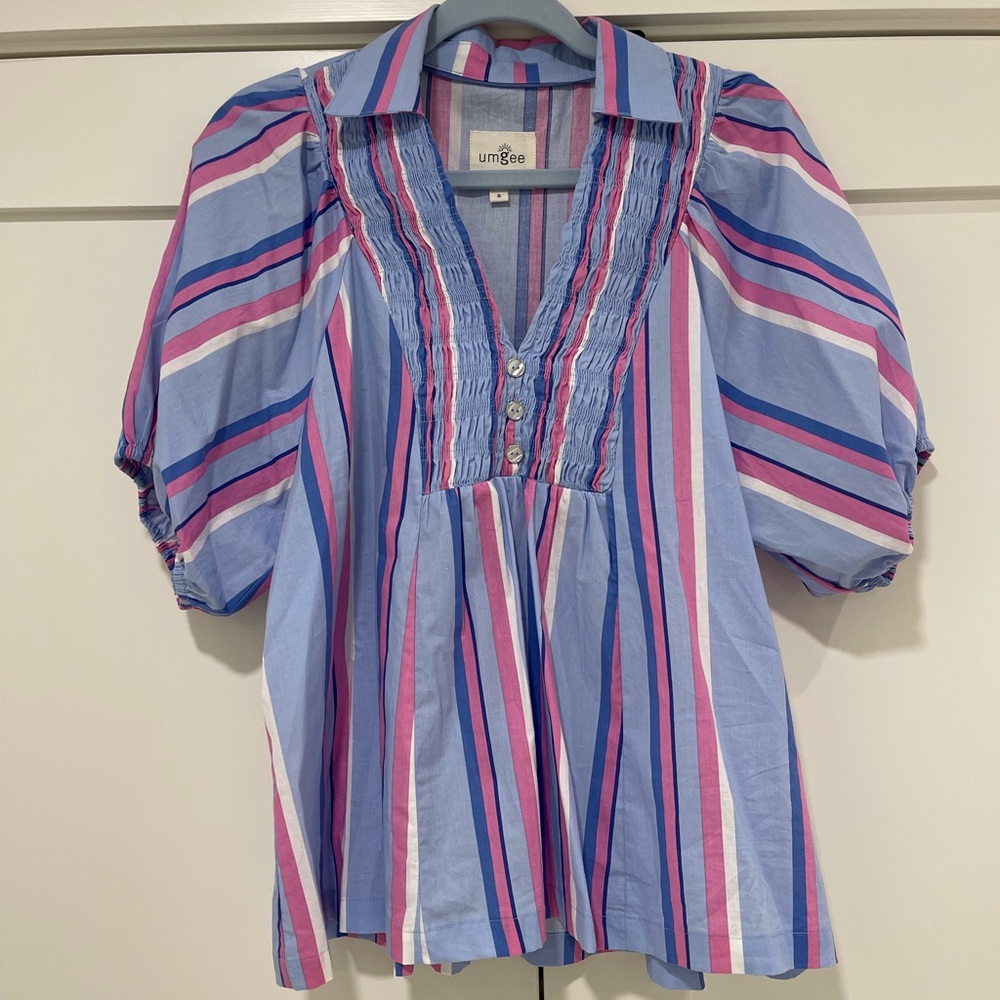 Umgee Blue and Pink Striped Loose Blouse. Size S